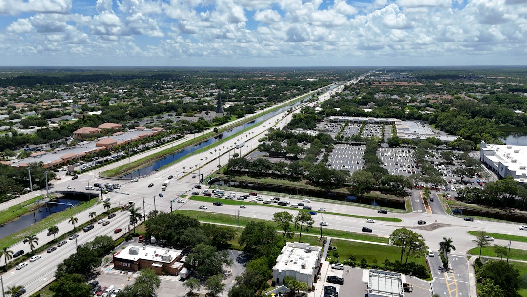 An aerial view of a city with a river running through it